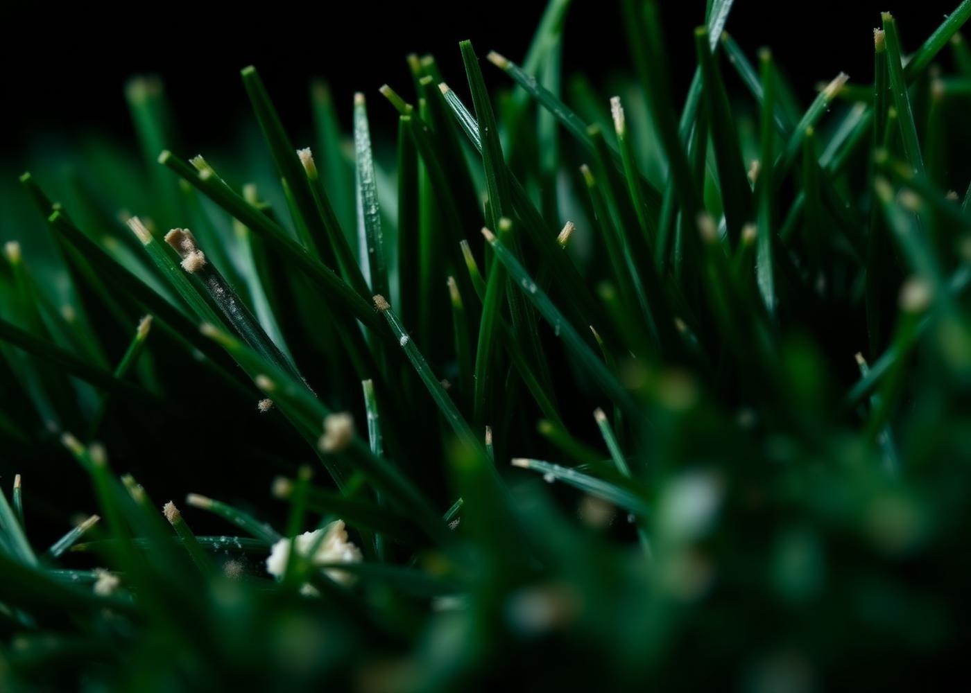 Macro detail of monofilament turf fibres with sand and rubber infill